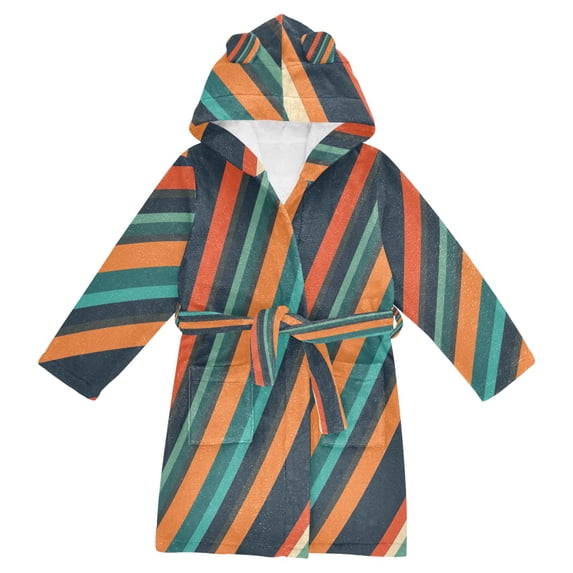 FORMRS Niños Bathrobe Unisex Hooded Robe Soft Plush Pajamas Sleepwear, Size 2-3T, Retro Stripes