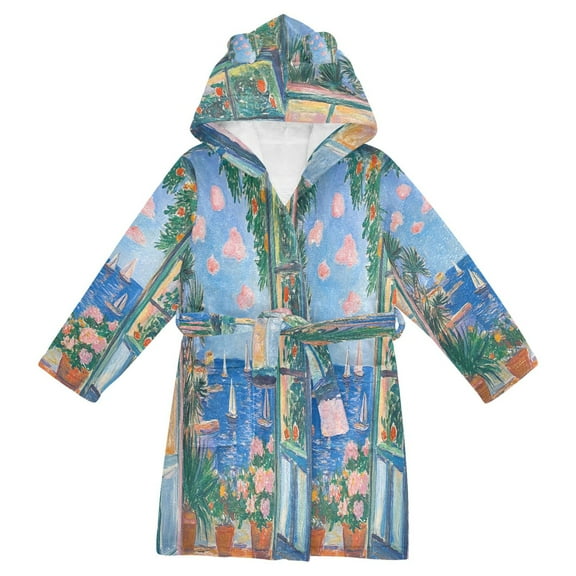 FORMRS Niños Bathrobe Unisex Hooded Robe Soft Plush Pajamas Sleepwear, Size 2-3T, Sea Window