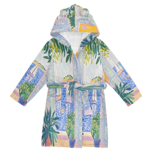FORMRS Niños Bathrobe Unisex Hooded Robe Soft Plush Pajamas Sleepwear, Size 2-3T, Seaside Boat