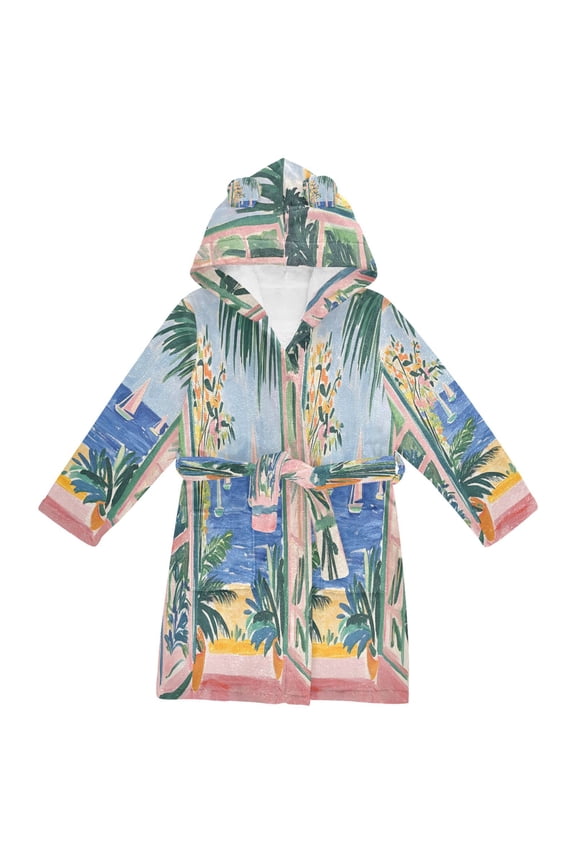 Niños Bathrobe Unisex Hooded Robe Soft Plush Pajamas Sleepwear, Size 2-3T, Seaside Leaves