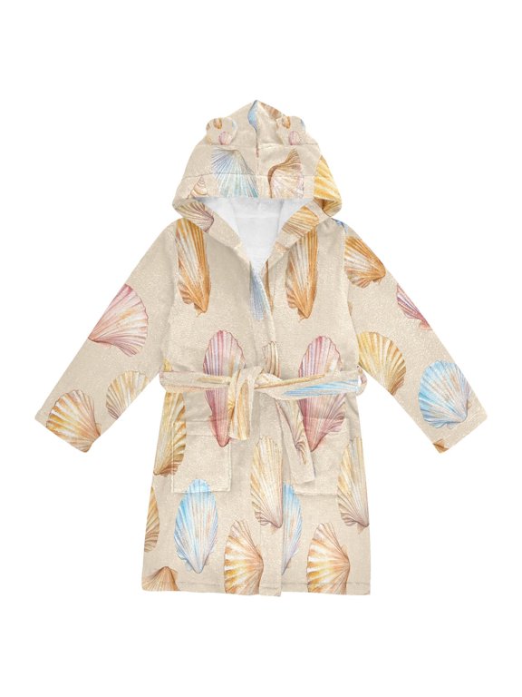 Niños Bathrobe Unisex Hooded Robe Soft Plush Pajamas Sleepwear, Size 2-3T, Watercolor Seashell