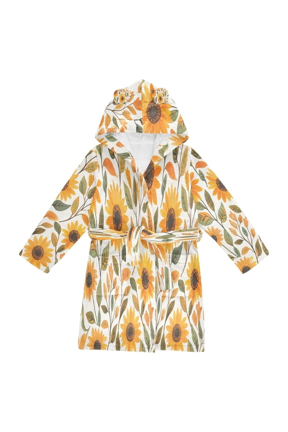 Niños Bathrobe Unisex Hooded Robe Soft Plush Pajamas Sleepwear, Size 2-3T, Watercolor Sunflowers