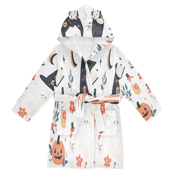 FORMRS Niños Bathrobe Unisex Hooded Robe Soft Plush Pajamas Sleepwear, Size 2-3T, White Halloween Ghosts