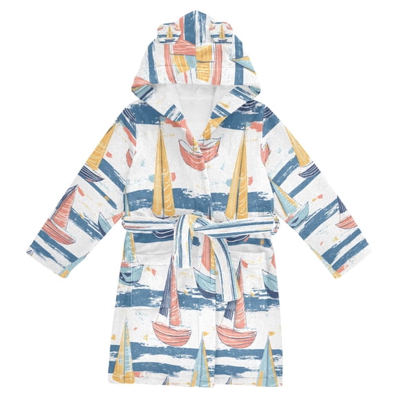 FORMRS Kids Bathrobe Unisex Hooded Robe Toddler Pajamas Sleepwear, Size 2-3T, White Hand Drawn Sailboats