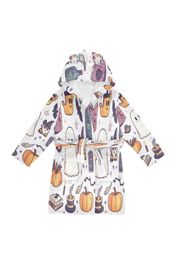Niños Bathrobe Unisex Hooded Robe Soft Plush Pajamas Sleepwear, Size 2-3T, White Magical Halloween