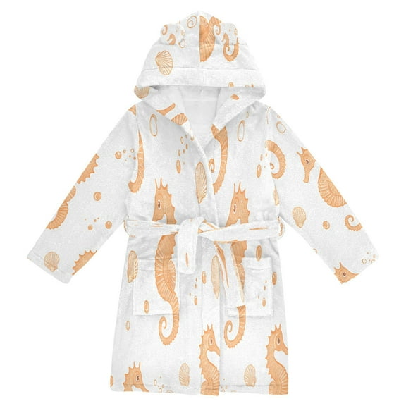 FORMRS Niños Bathrobe Unisex Hooded Robe Soft Plush Pajamas Sleepwear, Size 2-3T, White Seahorse