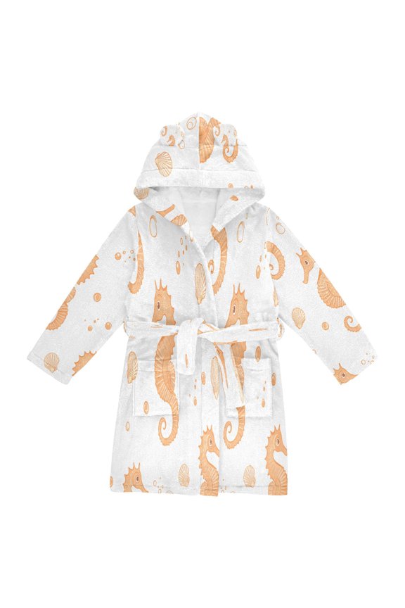 Niños Bathrobe Unisex Hooded Robe Soft Plush Pajamas Sleepwear, Size 2-3T, White Seahorse