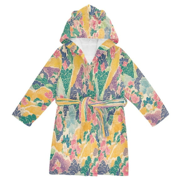 FORMRS Niños Bathrobe Unisex Hooded Robe Soft Plush Pajamas Sleepwear, Size 2-3T, Yellow Floral Wave
