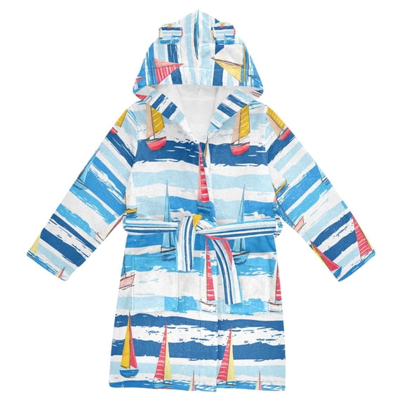 FORMRS Niños Bathrobe Unisex Hooded Robe Soft Plush Pajamas Sleepwear, Size 2-3T, Yellow Sailboats