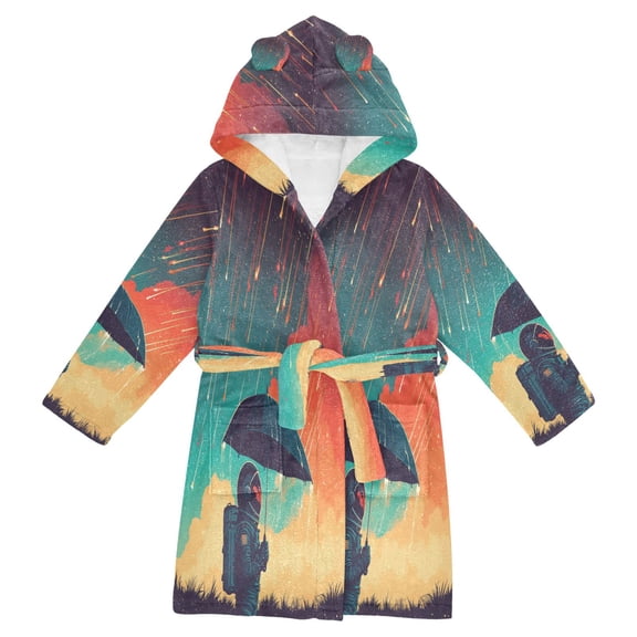 FORMRS Niños Bathrobe Unisex Hooded Robe Soft Plush Pajamas Sleepwear, Size 4-6T, Astronaut and Sky