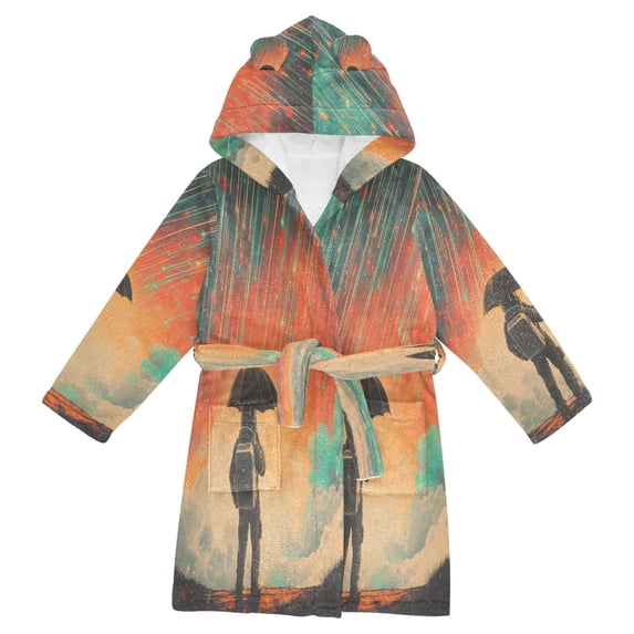 FORMRS Niños Bathrobe Unisex Hooded Robe Soft Plush Pajamas Sleepwear, Size 4-6T, Astronaut in Rain