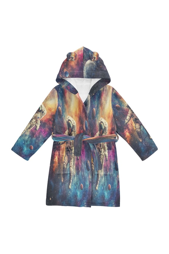 Niños Bathrobe Unisex Hooded Robe Soft Plush Pajamas Sleepwear, Size 4-6T, Astronaut in Space Pattern