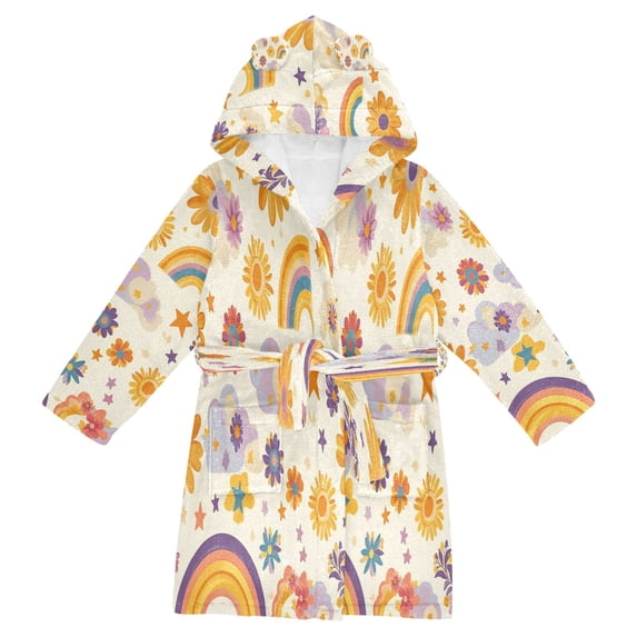 FORMRS Niños Bathrobe Unisex Hooded Robe Soft Plush Pajamas Sleepwear, Size 4-6T, Beige Retro Rainbow