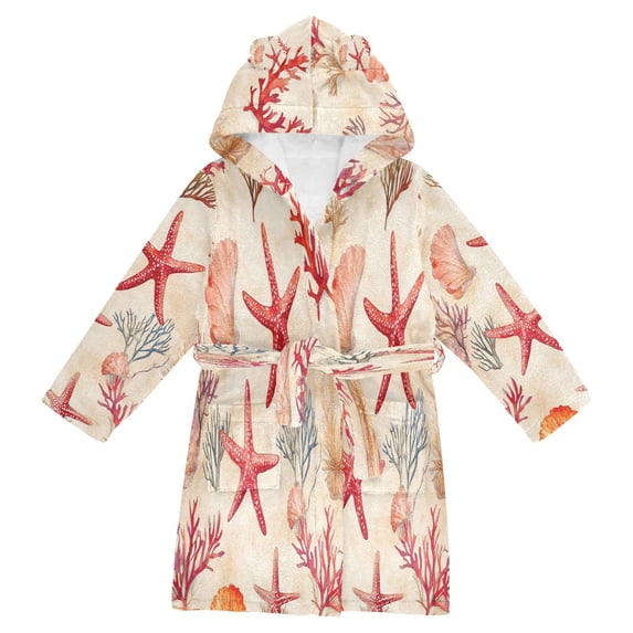 FORMRS Niños Bathrobe Unisex Hooded Robe Soft Plush Pajamas Sleepwear, Size 4-6T, Beige Starfish
