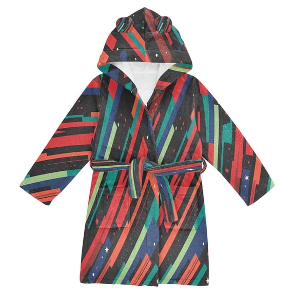 FORMRS Niños Bathrobe Unisex Hooded Robe Soft Plush Pajamas Sleepwear, Size 4-6T, Blue Abstract Lines