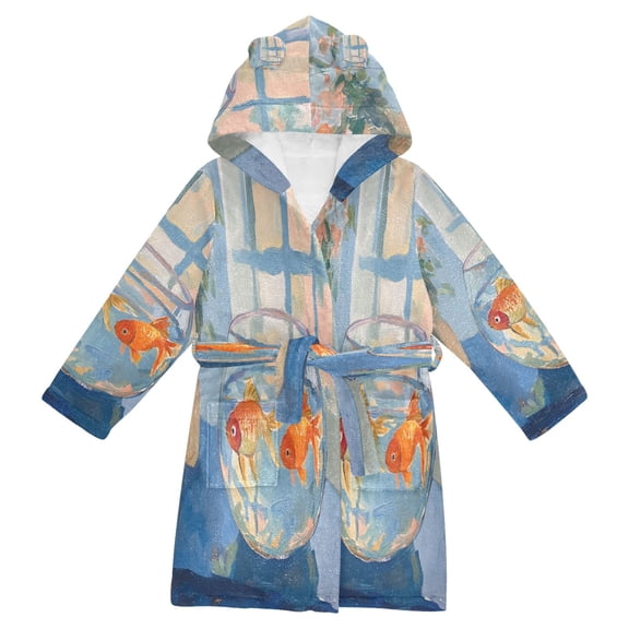 FORMRS Niños Bathrobe Unisex Hooded Robe Soft Plush Pajamas Sleepwear, Size 4-6T, Blue Goldfish