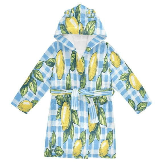 FORMRS Niños Bathrobe Unisex Hooded Robe Soft Plush Pajamas Sleepwear, Size 4-6T, Cartoon Plaid Lemon