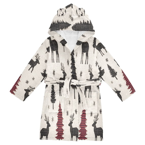 FORMRS Niños Bathrobe Unisex Hooded Robe Soft Plush Pajamas Sleepwear, Size 4-6T, Christmas Plaid Forest