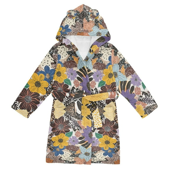 FORMRS Kids Bathrobe Unisex Hooded Robe Toddler Pajamas Sleepwear, Size 4-6T, Colorful Flowers