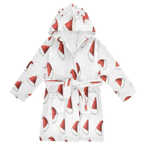 FORMRS Niños Bathrobe Unisex Hooded Robe Soft Plush Pajamas Sleepwear, Size 4-6T, Cute Santa Hats Pattern