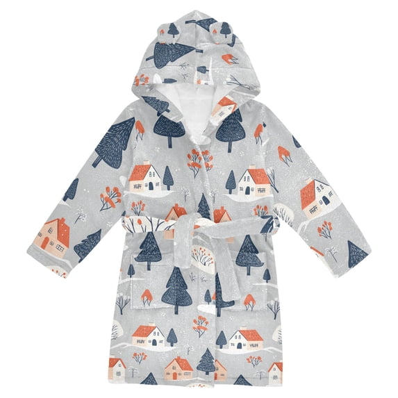 FORMRS Niños Bathrobe Unisex Hooded Robe Soft Plush Pajamas Sleepwear, Size 4-6T, Gray Cartoon Houses