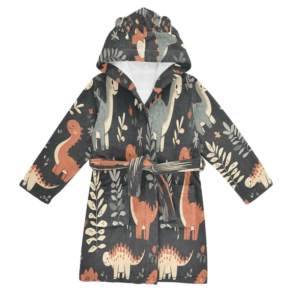 FORMRS Niños Bathrobe Unisex Hooded Robe Soft Plush Pajamas Sleepwear, Size 4-6T, Gray Dinosaur