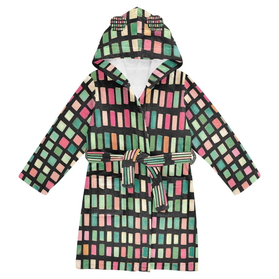 FORMRS Niños Bathrobe Unisex Hooded Robe Soft Plush Pajamas Sleepwear, Size 4-6T, Green Block Pattern