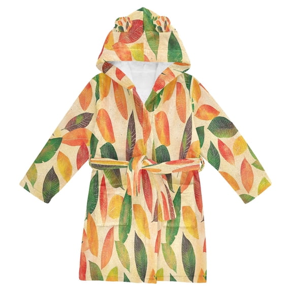 FORMRS Niños Bathrobe Unisex Hooded Robe Soft Plush Pajamas Sleepwear, Size 4-6T, Green Retro Autumn Leaves