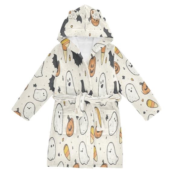 FORMRS Niños Bathrobe Unisex Hooded Robe Soft Plush Pajamas Sleepwear, Size 4-6T, Halloween Happy Ghosts