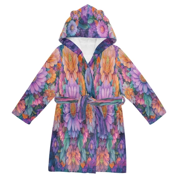 FORMRS Niños Bathrobe Unisex Hooded Robe Soft Plush Pajamas Sleepwear, Size 4-6T, Light Purple Flowers