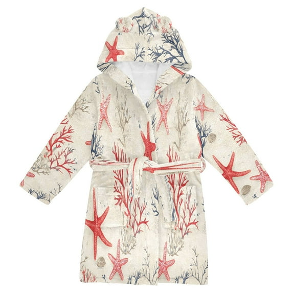 FORMRS Niños Bathrobe Unisex Hooded Robe Soft Plush Pajamas Sleepwear, Size 4-6T, Light Red Starfish