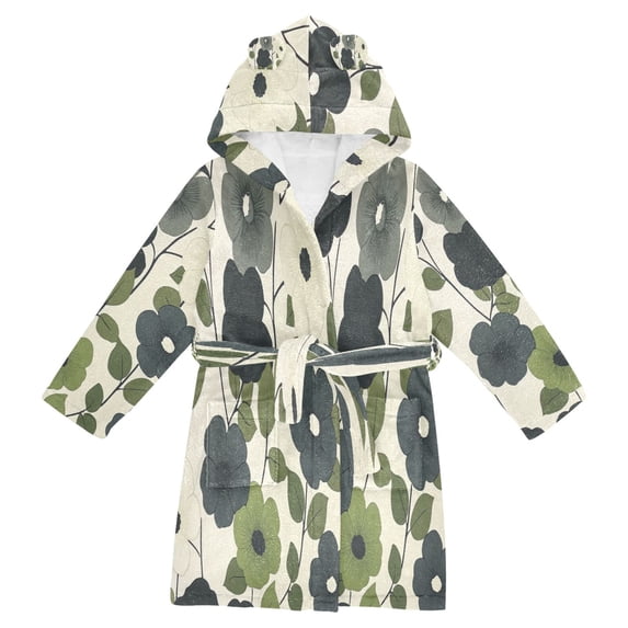 FORMRS Niños Bathrobe Unisex Hooded Robe Soft Plush Pajamas Sleepwear, Size 4-6T, Navy Flower