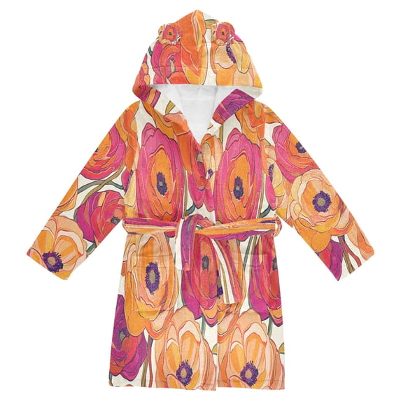 FORMRS Niños Bathrobe Unisex Hooded Robe Soft Plush Pajamas Sleepwear, Size 4-6T, Orange Hand Drawn Floral