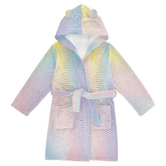 FORMRS Niños Bathrobe Unisex Hooded Robe Soft Plush Pajamas Sleepwear, Size 4-6T, Pink Wavy Striped