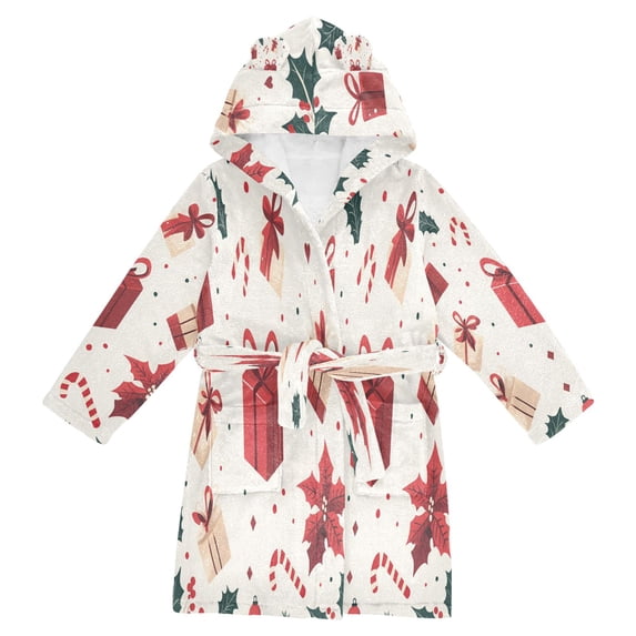 FORMRS Niños Bathrobe Unisex Hooded Robe Soft Plush Pajamas Sleepwear, Size 4-6T, Red Christmas Gift Pattern