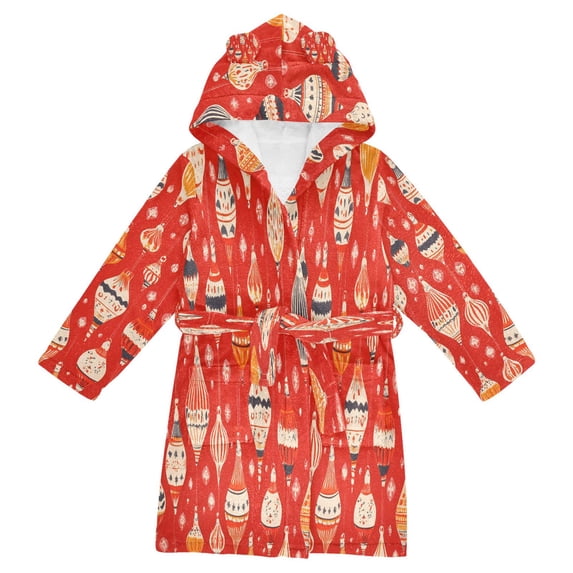 FORMRS Niños Bathrobe Unisex Hooded Robe Soft Plush Pajamas Sleepwear, Size 4-6T, Red Christmas Ornaments Pattern