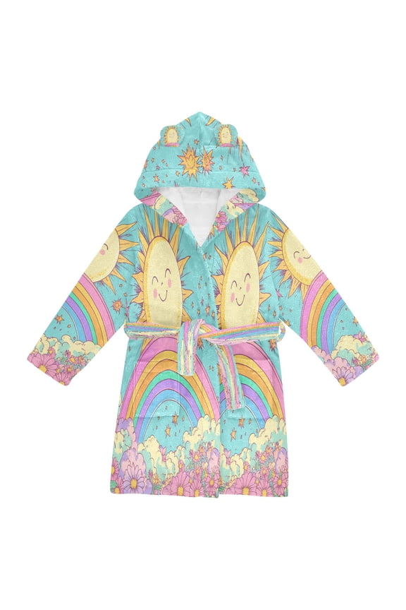 Niños Bathrobe Unisex Hooded Robe Soft Plush Pajamas Sleepwear, Size 4-6T, Retro Blue Rainbow