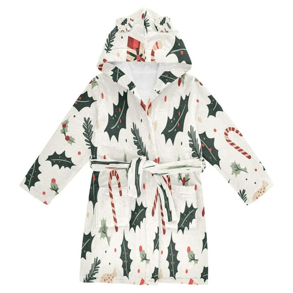 FORMRS Niños Bathrobe Unisex Hooded Robe Soft Plush Pajamas Sleepwear, Size 4-6T, White Christmas Holly