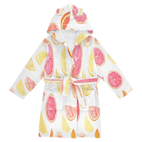 FORMRS Niños Bathrobe Unisex Hooded Robe Soft Plush Pajamas Sleepwear, Size 4-6T, White Grapefruit Slices