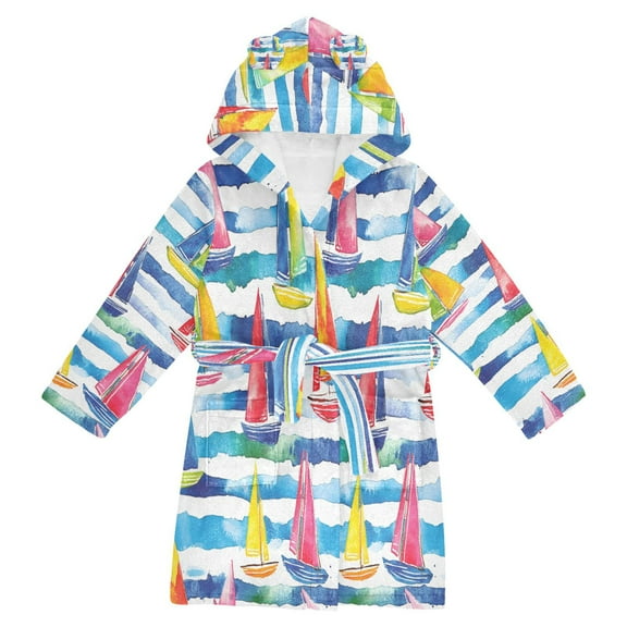 FORMRS Niños Bathrobe Unisex Hooded Robe Soft Plush Pajamas Sleepwear, Size 4-6T, Yellow Hand Drawn Sailboats
