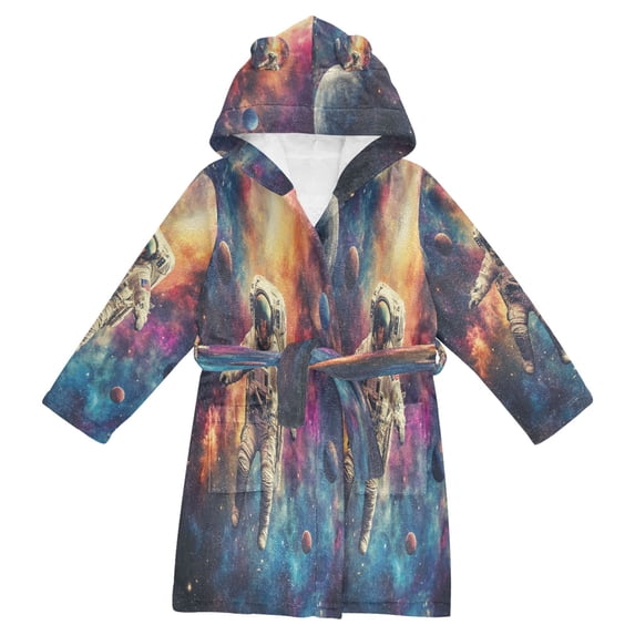 FORMRS Niños Bathrobe Unisex Hooded Robe Soft Plush Pajamas Sleepwear, Size 7-9T, Astronaut in Space Pattern