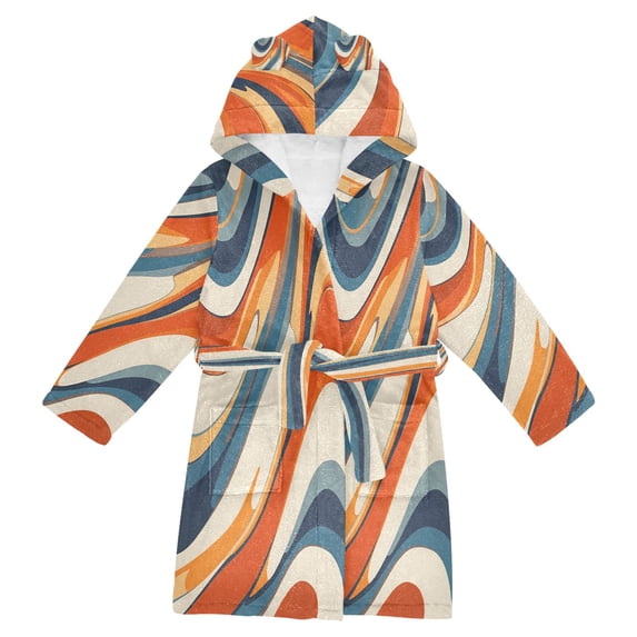 FORMRS Niños Bathrobe Unisex Hooded Robe Soft Plush Pajamas Sleepwear, Size 7-9T, Beige Abstract Wavy