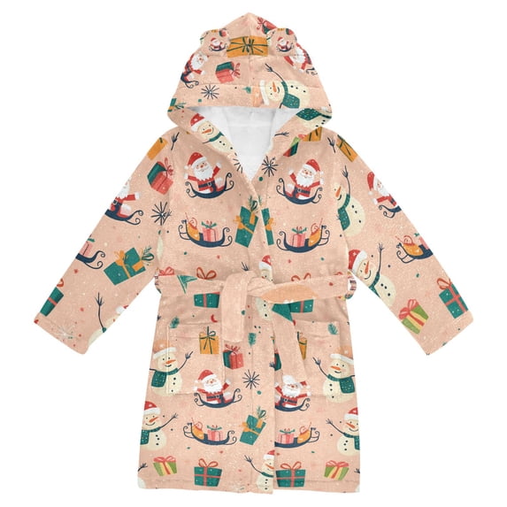 FORMRS Niños Bathrobe Unisex Hooded Robe Soft Plush Pajamas Sleepwear, Size 7-9T, Beige Christmas Snowman