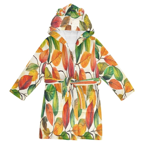 FORMRS Niños Bathrobe Unisex Hooded Robe Soft Plush Pajamas Sleepwear, Size 7-9T, Beige Leaves