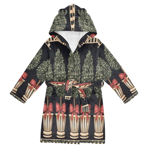FORMRS Niños Bathrobe Unisex Hooded Robe Soft Plush Pajamas Sleepwear, Size 7-9T, Beige Striped Trees