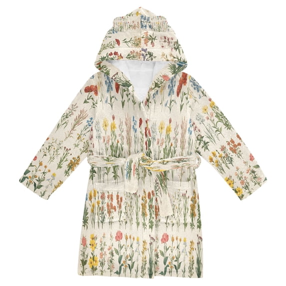 FORMRS Niños Bathrobe Unisex Hooded Robe Soft Plush Pajamas Sleepwear, Size 7-9T, Beige Wildflowers