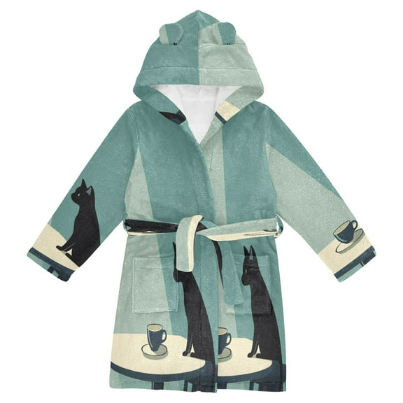 FORMRS Niños Bathrobe Unisex Hooded Robe Soft Plush Pajamas Sleepwear, Size 7-9T, Black Cat