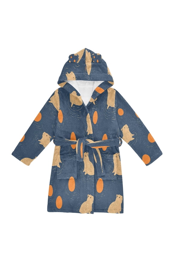 Niños Bathrobe Unisex Hooded Robe Soft Plush Pajamas Sleepwear, Size 7-9T, Blue Capybaras