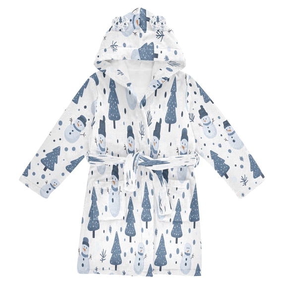 FORMRS Niños Bathrobe Unisex Hooded Robe Soft Plush Pajamas Sleepwear, Size 7-9T, Blue Cute Snowmen