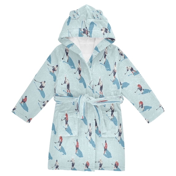 FORMRS Niños Bathrobe Unisex Hooded Robe Soft Plush Pajamas Sleepwear, Size 7-9T, Blue Ice Hockey